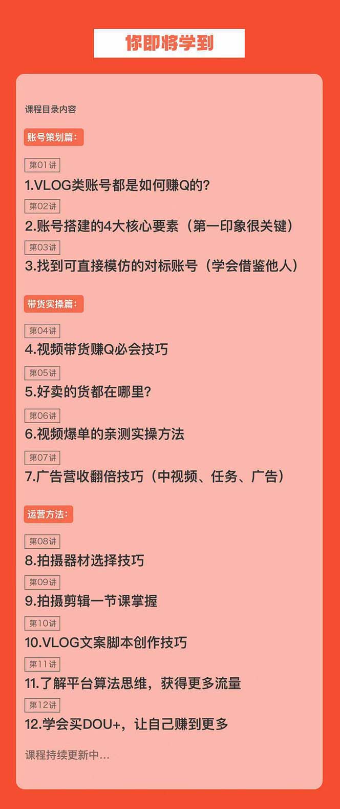 （8807期）新手VLOG短视频特训营：学会带货、好物、直播、中视频、赚Q方法（16节课）_80楼网创