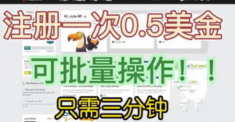 国外项目注册一次0.5美金，只需三分钟无脑操作，可批量同时放大操作，小白工作室福利