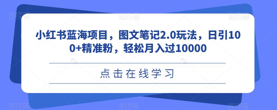 小红书蓝海项目，图文笔记2.0玩法，日引100+精准粉，轻松月入过10000