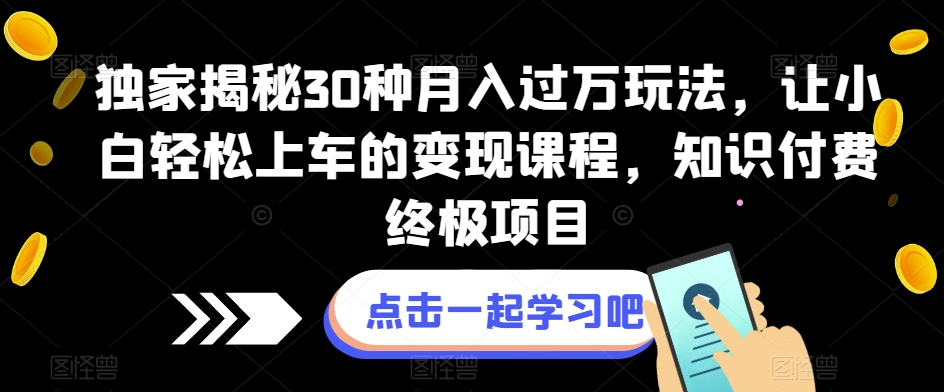 独家揭秘30种月入过万玩法，让小白轻松上车的变现课程，知识付费终极项目