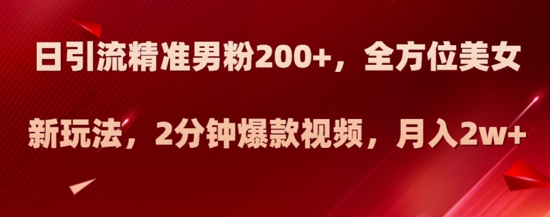 日引流精准男粉200+，全方位美女新玩法，2分钟爆款视频，月入2w+