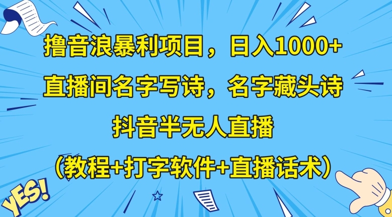 撸音浪暴利项目，日入1000+，直播间名字写诗，名字藏头诗，抖音半无人直播（教程+打字软件+直播话术）_80楼网创