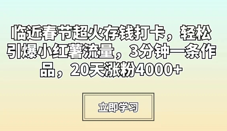 临近春节超火存钱打卡，轻松引爆小红薯流量，3分钟一条作品，20天涨粉4000+_80楼网创