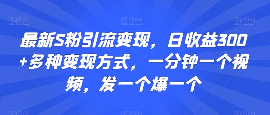 最新S粉引流变现，日收益300+多种变现方式，一分钟一个视频，发一个爆一个_80楼网创