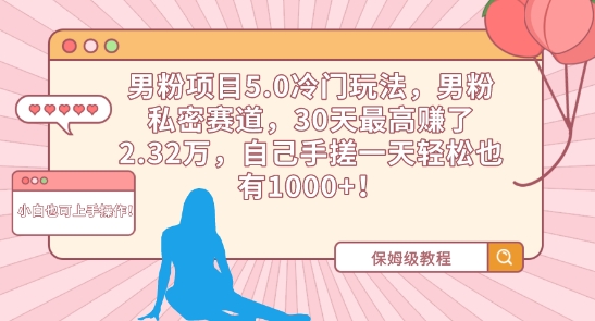 男粉项目5.0冷门玩法，男粉私密赛道，30天最高赚了2.32万，自己手搓一天轻松也有1000+_80楼网创