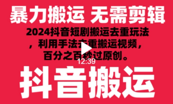 2024最新抖音搬运技术，抖音短剧视频去重，手法搬运，利用工具去重，达到秒过原创的效果_80楼网创