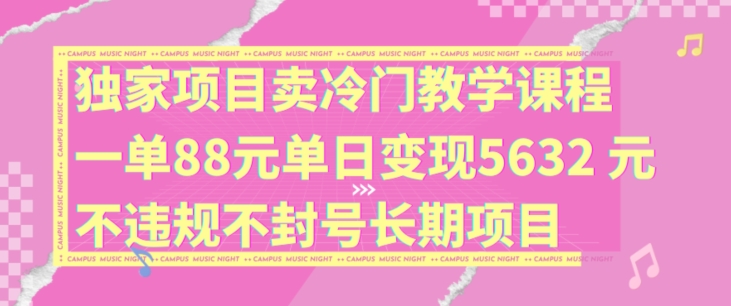 独家项目卖冷门教学课程一单88元单日变现5632元违规不封号长期项目