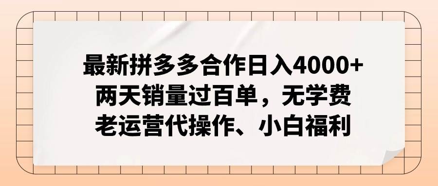 （12869期）拼多多最新合作日入4000+两天销量过百单，无学费、老运营代操作、小白福利