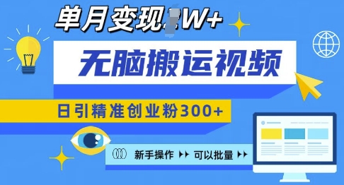 无脑搬运视频号可批量复制，新手即可操作，日引精准创业粉300+，月变现过W